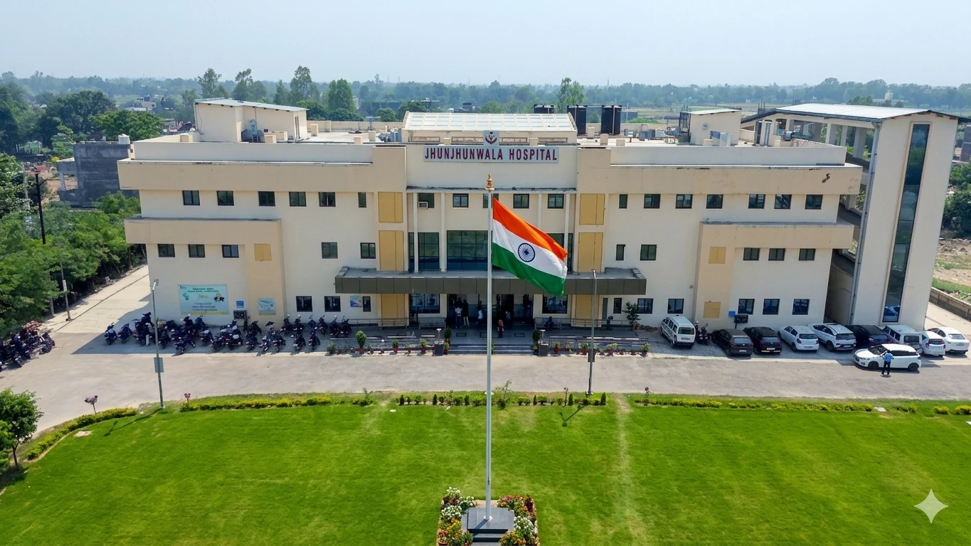 Jhunjhunwala Hospital main building exterior in Ayodhya, Uttar Pradesh